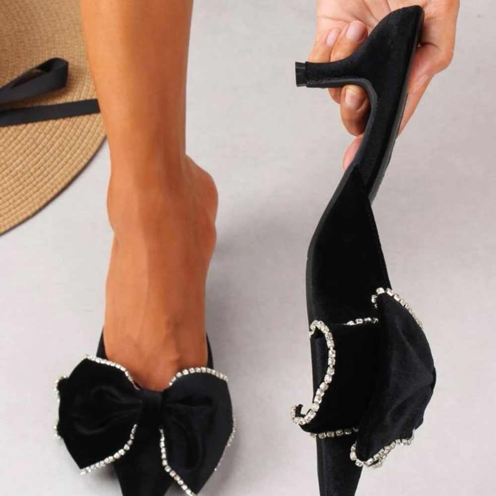 Velvet Bow Kitten Heel Mules – Black